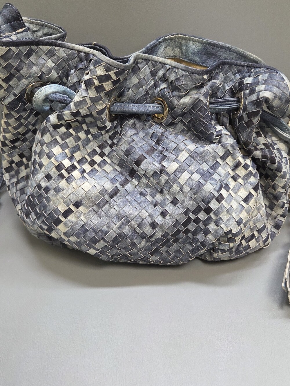 Elliott Lucca Blue tye dye Woven Leather Drawstring bucket hobo Shoulder Bag - Picture 4 of 13
